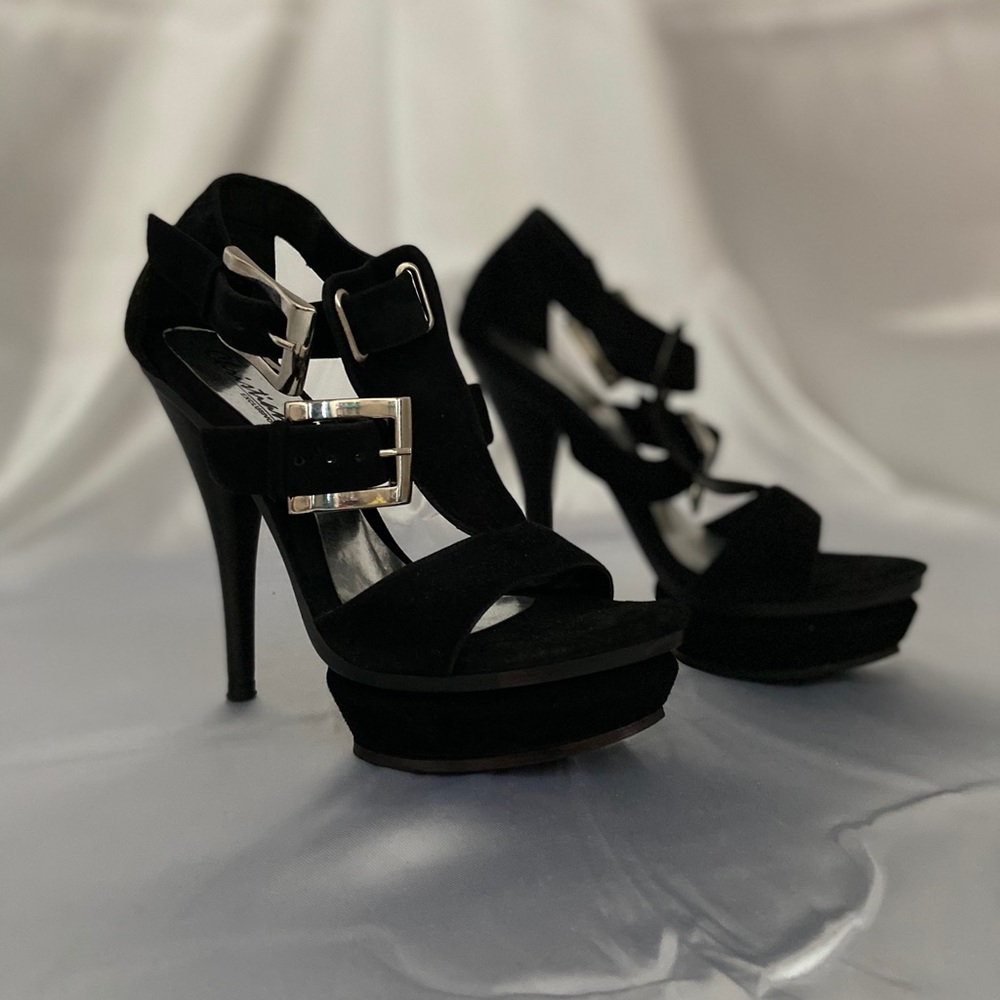 Black Suede Open Toe Heels